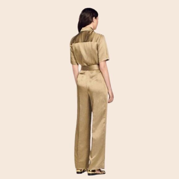 Sandro Gold Olive Green Sisteron Satin Zip Jumpsuit - Picture 2 of 16